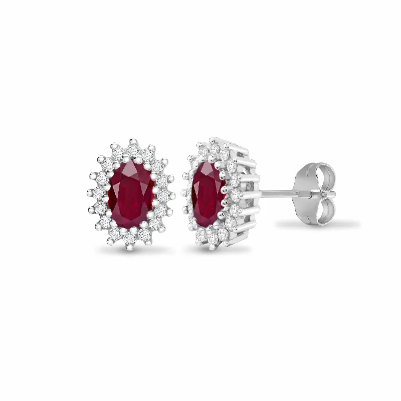 Fine bead earrings-RUBY HALO STUD EARRINGS IN 9K WHITE GOLD