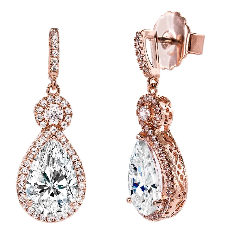 Thin drop earrings-18 KGP Rose Gold Victorian Clear Teardrops