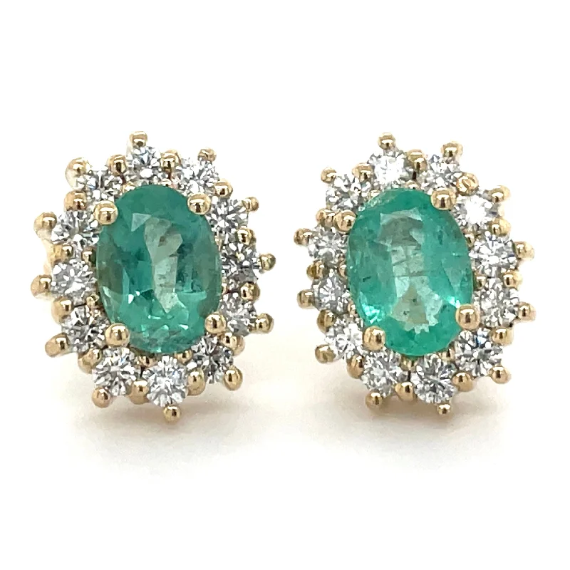 Victorian style earrings-9ct Yellow Gold Oval Earth Grown Emerald & Diamond Cluster Earrings