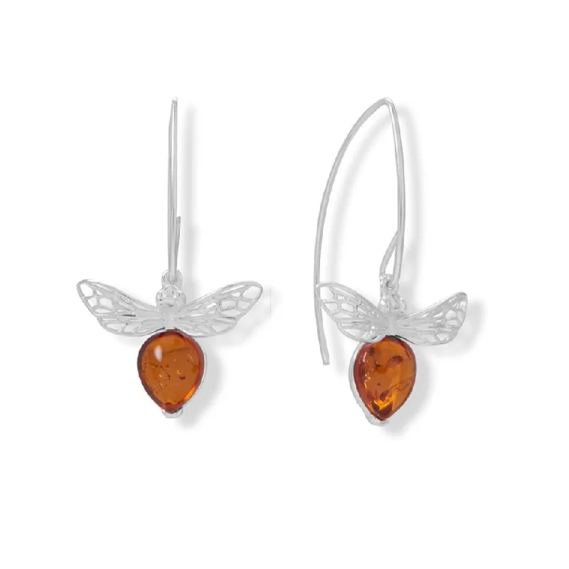 Thin drop earrings-Sterling Silver Amber Honey Bee Drop Wire Earrings