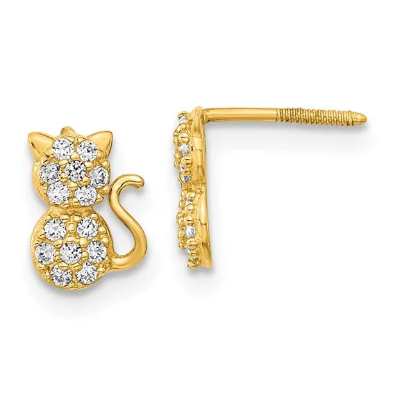 Pure crystal earrings-14k Yellow Gold Solid Madi K Youth CZ Sitting Cat Screwback Earrings