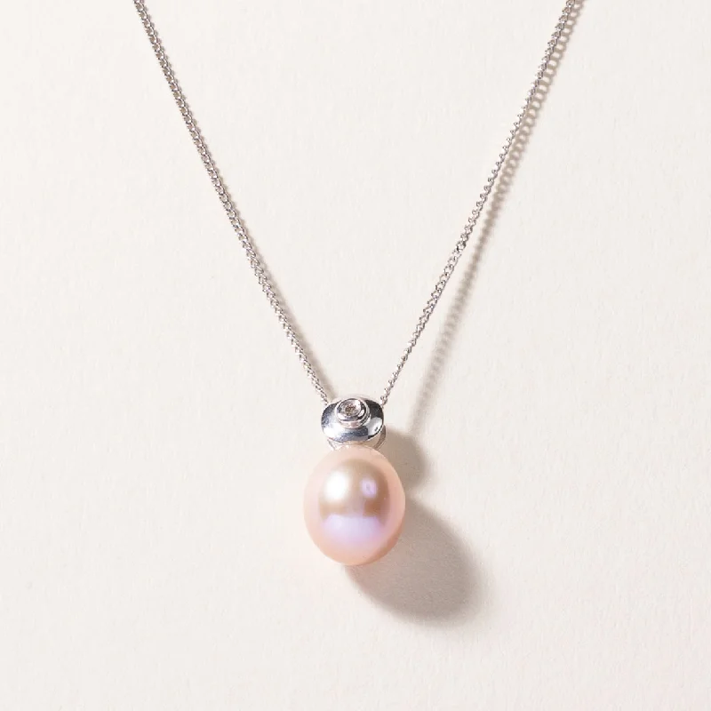 Reed weave necklaces-18k White Gold Pink Pearl and Diamond Necklace | 9.60X8.30X8.00mm, 0.01ct | 16"