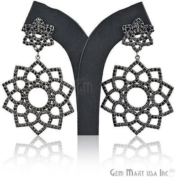 Satin silver earrings-Black Plated Studded With Micro Pave Black Spinel 76x41mm Dangle Earring