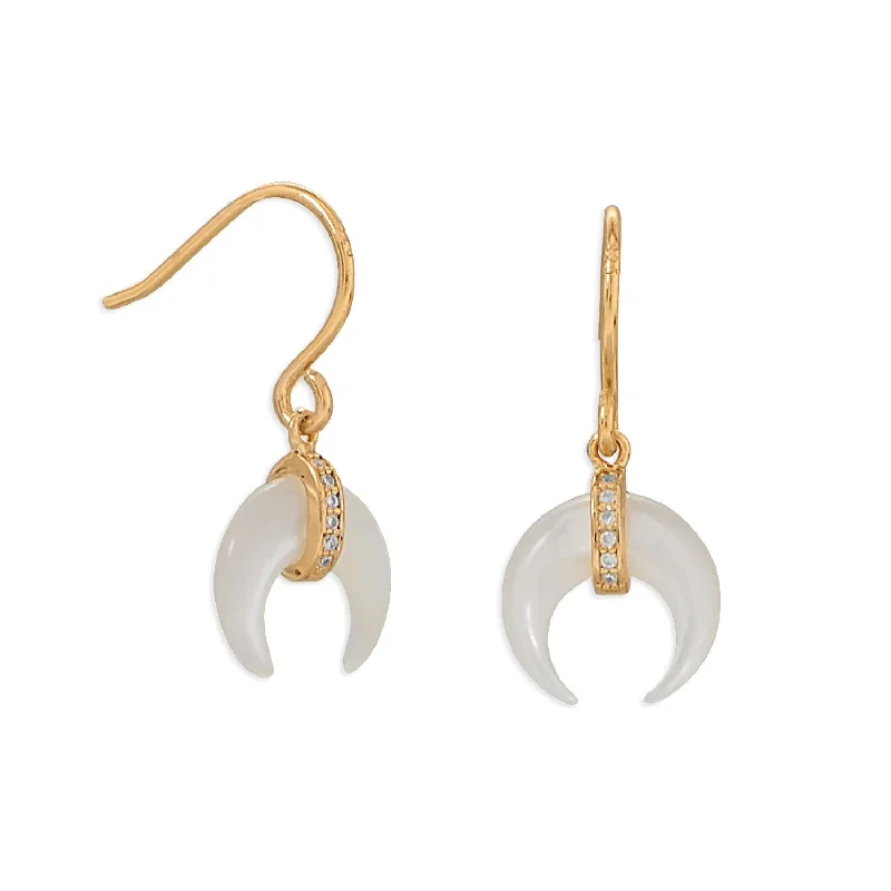 Thin wing earrings-Crescent Moon Mother of Pearl with CZ Gold Plated Sterling Silver Earrings