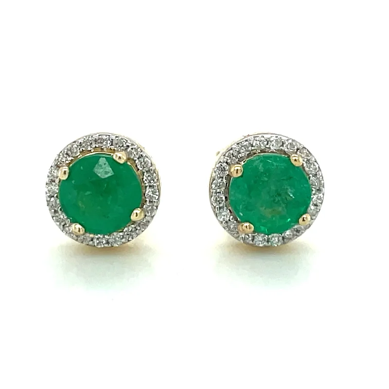 Loop knot earrings-9ct Yellow Gold Earth Grown Round Emerald & Diamond Halo Stud Earrings