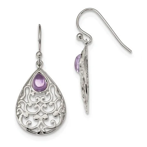 Light drop earrings-Sterling Silver Amethyst Teardrop Filigree Shepherd Hook Earrings