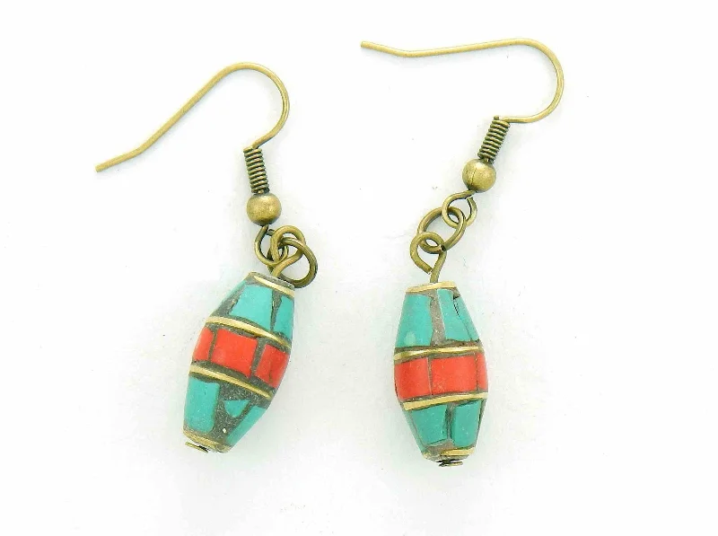 Short earrings with cylindrical Tibetan beads in turquoise and coral, brass hooks