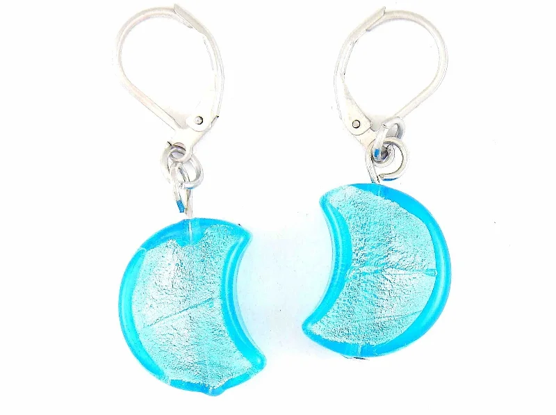 Short earrings with bright turquoise Murano glass half-moons, silver foil, stainless steel lever back hooks