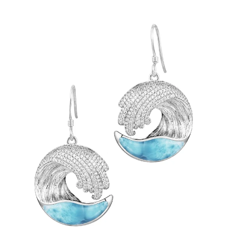 Sleek hoop earrings-Sterling Silver Alamea Hawaii Larimar Ocean Wave and Pave CZ Earrings