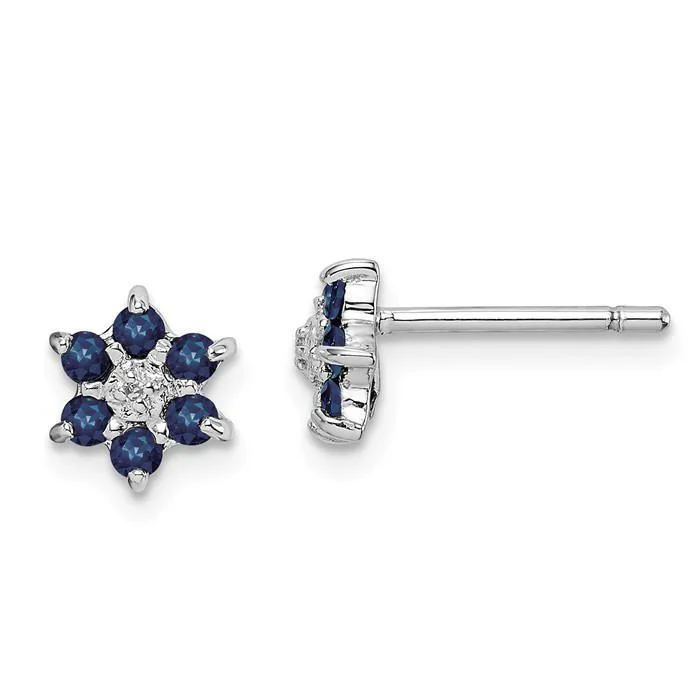 Vintage clip earrings-Sterling Silver Genuine Blue Sapphire And Diamond 6mm Flower Post Earrings