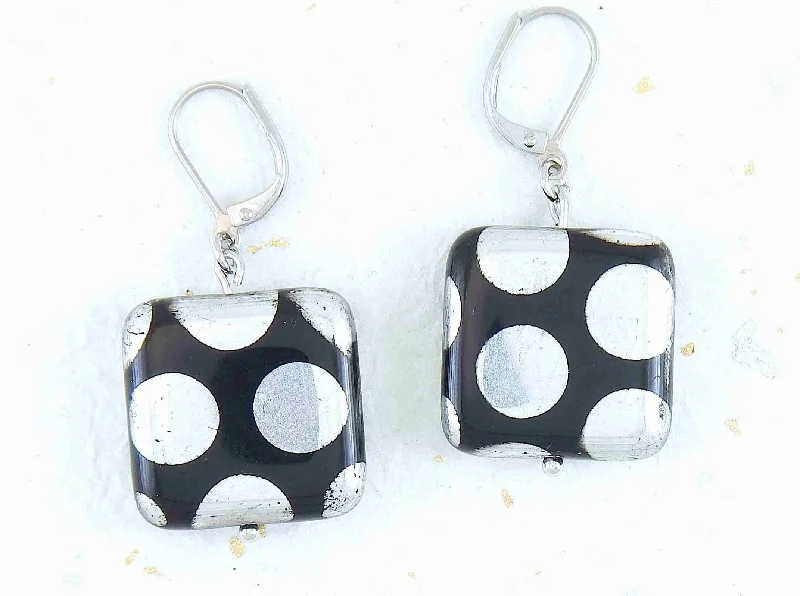 Short earrings with large shiny black Czech glass squares, big silver or copper dots, silver or rose gold-toned stainless steel lever back hooks