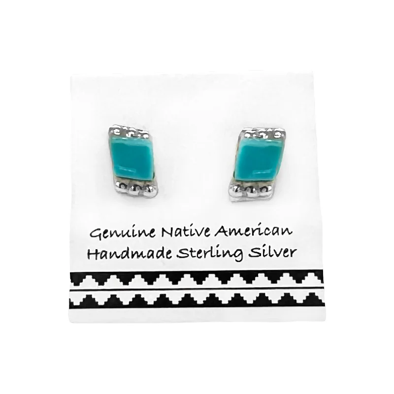 6mm Genuine Sleeping Beauty Turquoise Stud Earrings, Sterling Silver, Native American Handmade, Diamond Design, Nickel Free