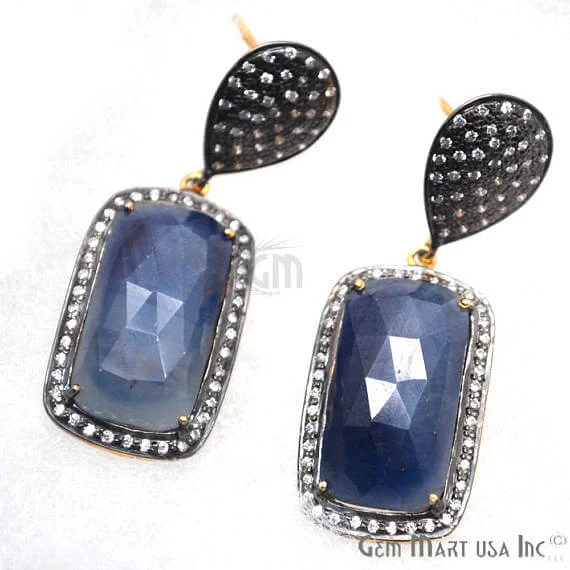 Wide hoop earrings-Blue Sapphire With Cubic Zirconia Pave Diamond 45x16mm,Gold Vermeil Dangle Drop Stud Earring