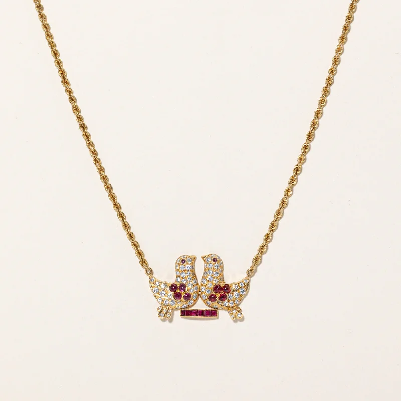 Bold bar necklaces-Italian Diamond & Ruby Bird Pendant Necklace | 1.30ctw, 1.14ctw | This items has an Earring set with SKU 6220-08