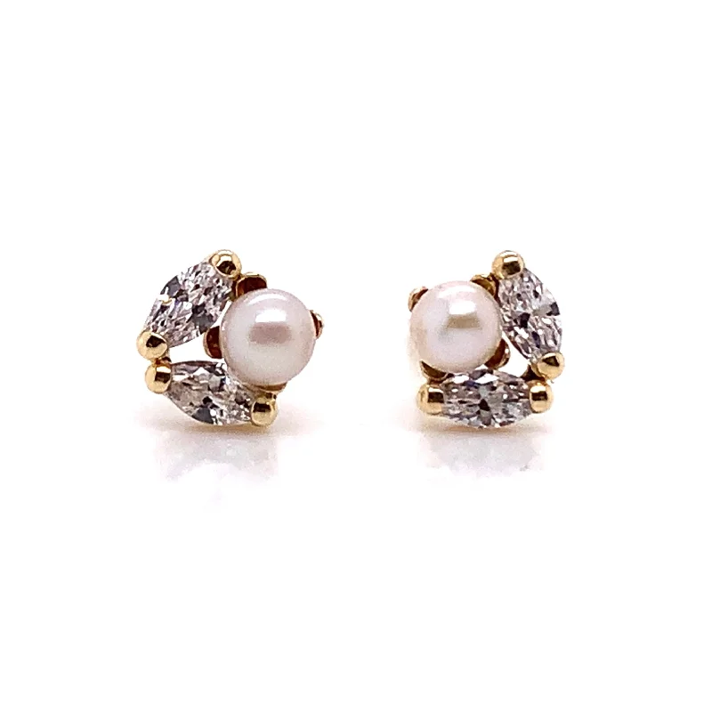 Petal hoop earrings-9ct Yellow Gold Freshwater Pearl & CZ Stud Earrings