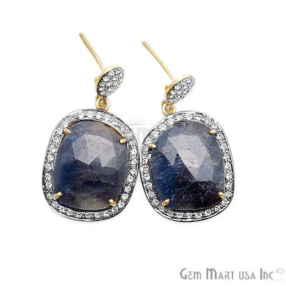 Rover weave earrings-Blue Sapphire With Cubic Zirconia Pave Diamond 36x19mm,Gold Vermeil Dangle Drop Stud Earring