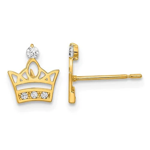 Thick tier earrings-14k Yellow Gold Solid Madi K Youth CZ Crown Post Earrings