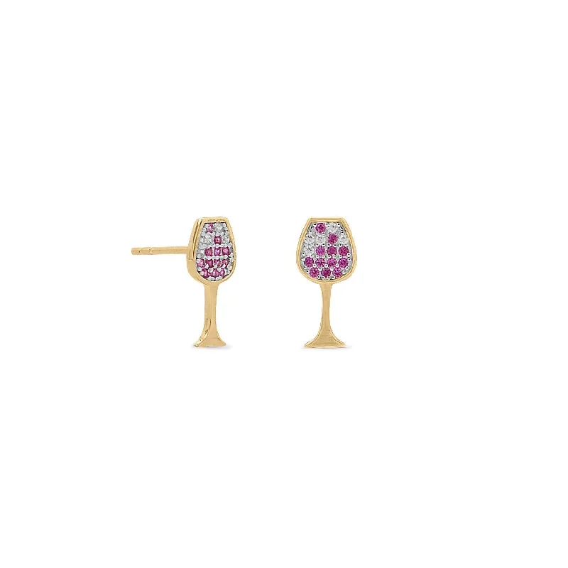 Wide ring earrings-14 Karat Gold Plated Sterling Silver CZ Red Wine Glass Stud Earrings