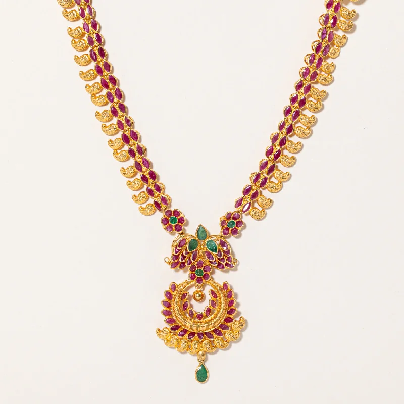 Malachite necklaces-Ruby & Emerald Ornate Necklace | 14.00ctw, 1.25ctw | 16" |