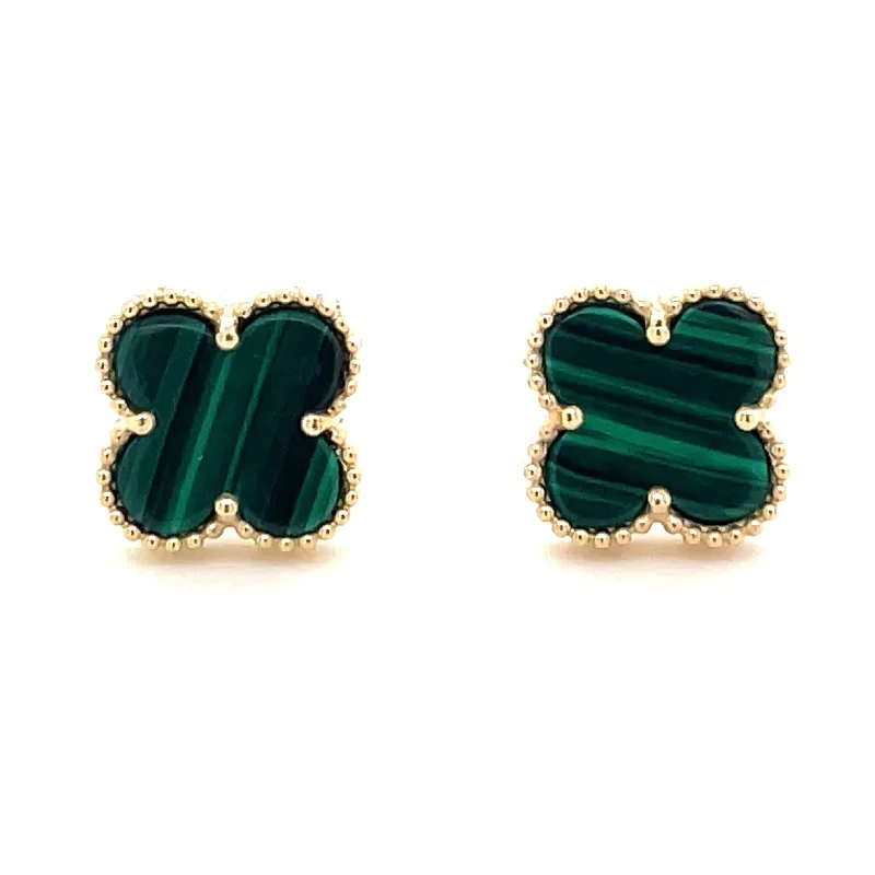 Charming pair earrings-9ct Yellow Gold Malachite Clover Earrings