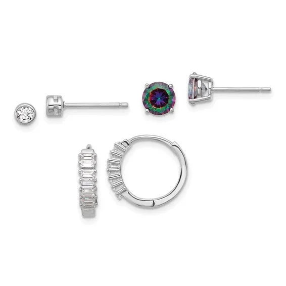 Art deco drop earrings-Sterling Silver Mystic Topaz, CZ  and Hoop 3 Pair Earrings Set