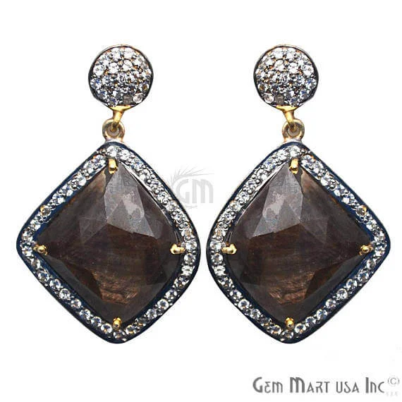 Soft threader earrings-Brown Sapphire With Cubic Zirconia Pave Diamond 25x40mm,Gold Vermeil Dangle Drop Stud Earring