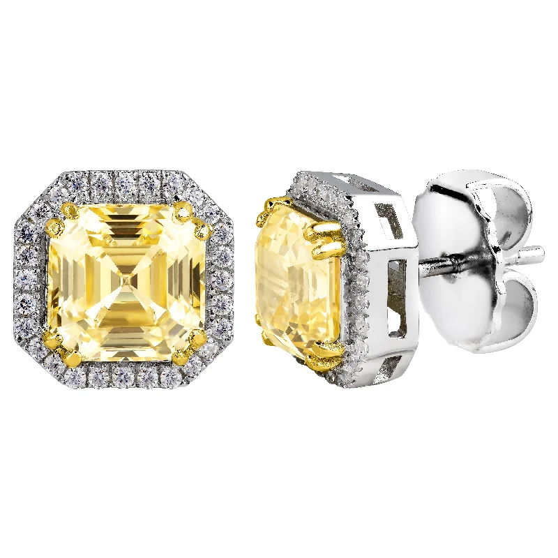 Thin wing earrings-Sterling Silver Fancy Light Yellow 3 Carat Asscher Cut Studs with Halo and 18 KGP Prongs