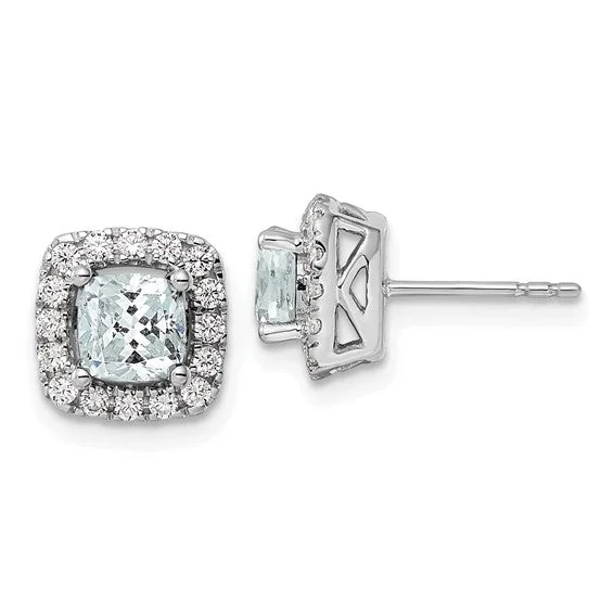 Bold bar earrings-14k White Gold 5mm Cushion Gemstone and Diamond Halo Earrings