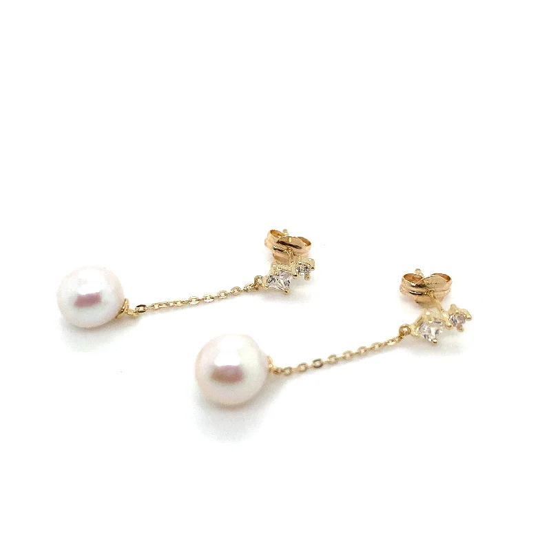 Thick hoop earrings-9ct Yellow Gold Pearl And Cz Drop Earrings