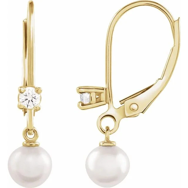 Smooth design earrings-14K White or Yellow Gold Cultured White Akoya Pearl & 1/8 Natural Diamond Lever Back Earrings