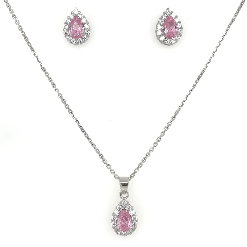 Bow knot earrings-Sterling Silver Pink Pear Cz Halo Earring & Pendant Set