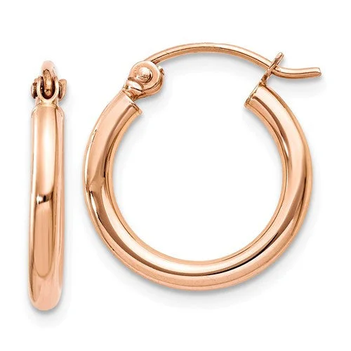 Satin silver earrings-14k Rose Gold 15mm x 2mm Lightweight Hinged Hoop Earrings