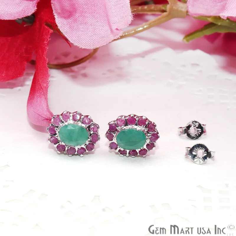 Bright bead earrings-Emerald With Ruby 10x12mm Sterling Silver Oval Shape Stud Earring