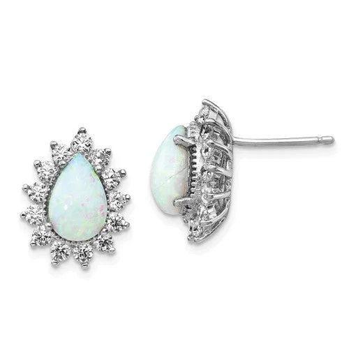 Nine-tier earrings-Cheryl M Sterling Silver CZ Pear Opal Halo Post Earrings