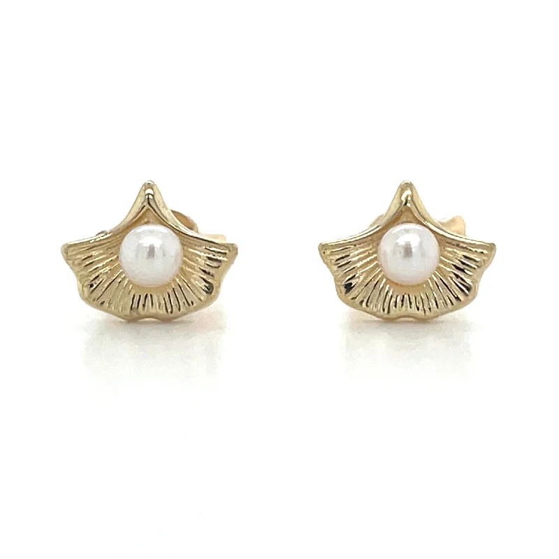 Soft threader earrings-9ct Yellow Gold Pearl & Leaf Earrings