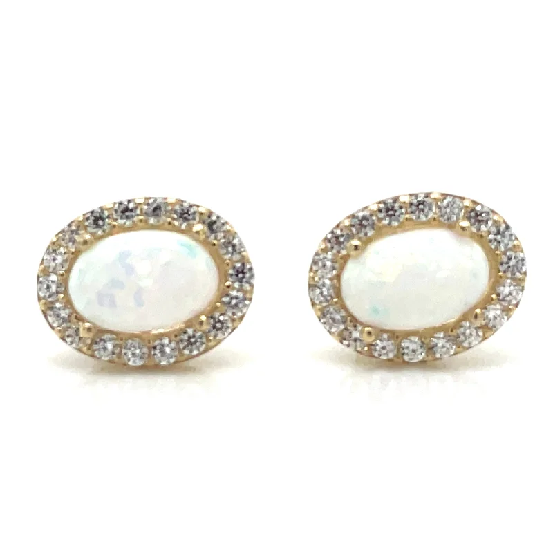 Patina brass earrings-9ct Yellow Gold Oval Opal Halo Stud Earring