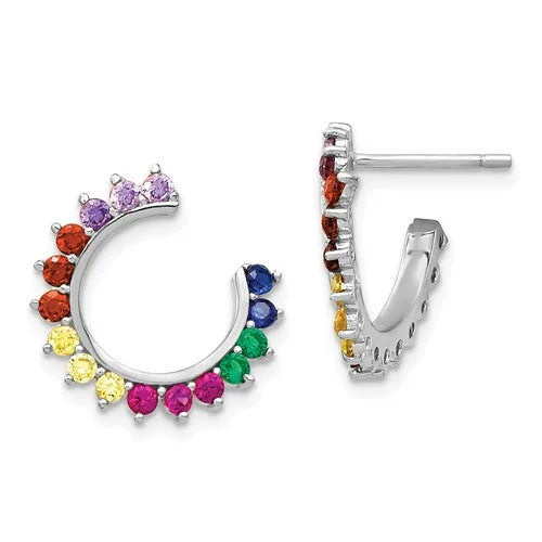 Thick hoop earrings-Sterling Silver Colorful Rainbow Open Side Hoop Earrings