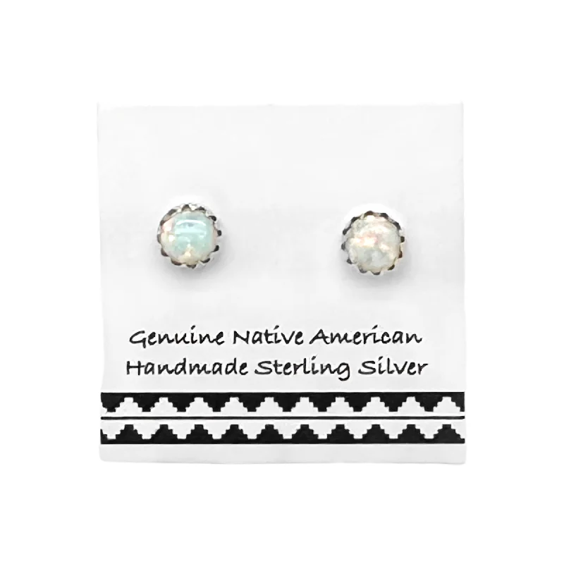 4mm Desert Opal Stud Earrings in 925 Sterling Silver, Native American USA Handmade, Nickel Free, White Synthetic Opal