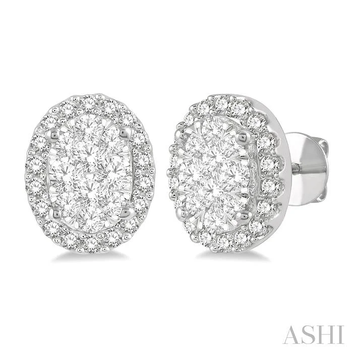 Lily motif earrings-OVAL SHAPE HALO LOVEBRIGHT ESSENTIAL DIAMOND EARRINGS