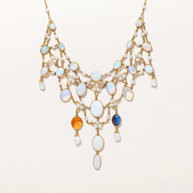 Surf wave necklaces-Opal & Natural Pearl Statement Necklace | 20.00ctw | 15" |