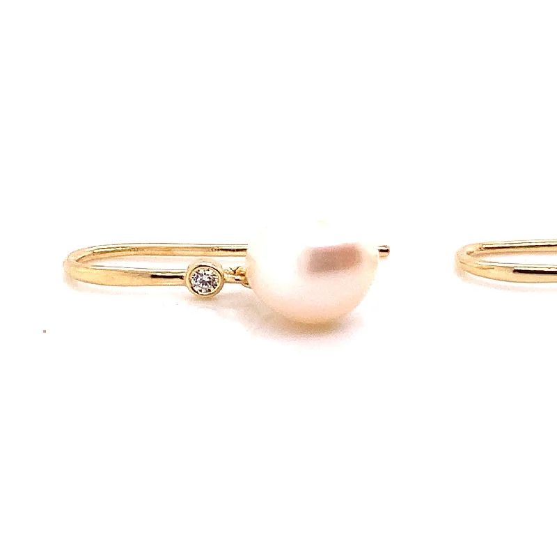 Two-sided earrings-9ct Yellow Gold Pearl Drop Earrings with Petite Bezel Set Cubic Zirconia.