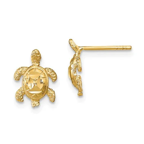 Reed style earrings-14k Yellow Gold Solid Dia.-Cut Shell Sea Turtle Post Earrings