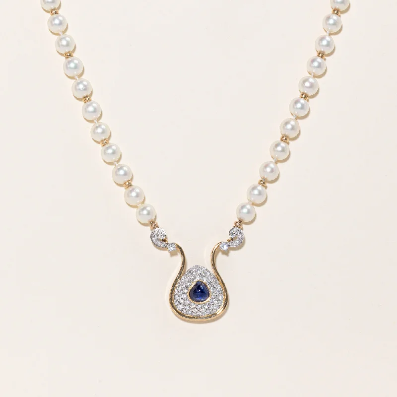 High bar necklaces-Yellow Gold Pearl Sapphire & Diamond Necklace | 3.12ct, 1.68ctw | 19.5" |