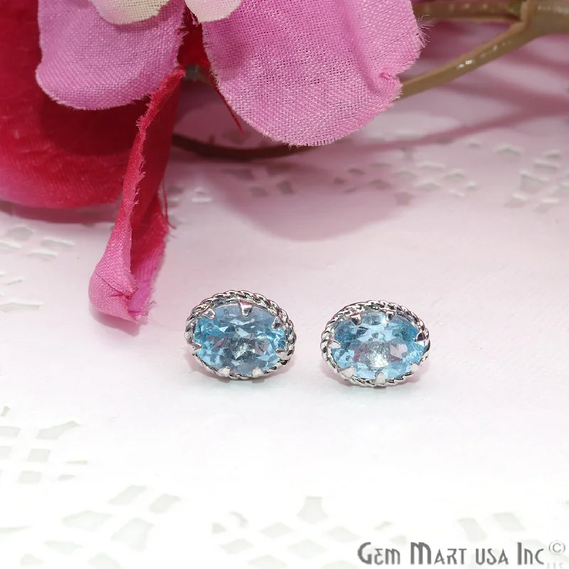 Thin drop earrings-Blue Topaz 6x8mm Sterling Silver Oval Shape Prong Setting Stud Earring