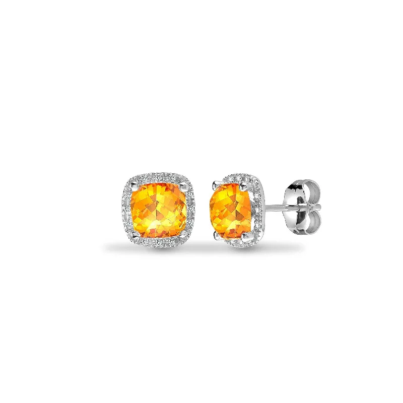 Bold cuff earrings-CITRINE HALO STUD EARRINGS IN 9K WHITE GOLD