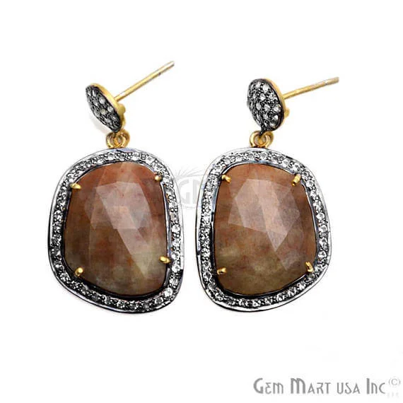 Warm wood earrings-Brown Sapphire With Cubic Zirconia Pave Diamond 21x38mm,Gold Vermeil Dangle Drop Stud Earring