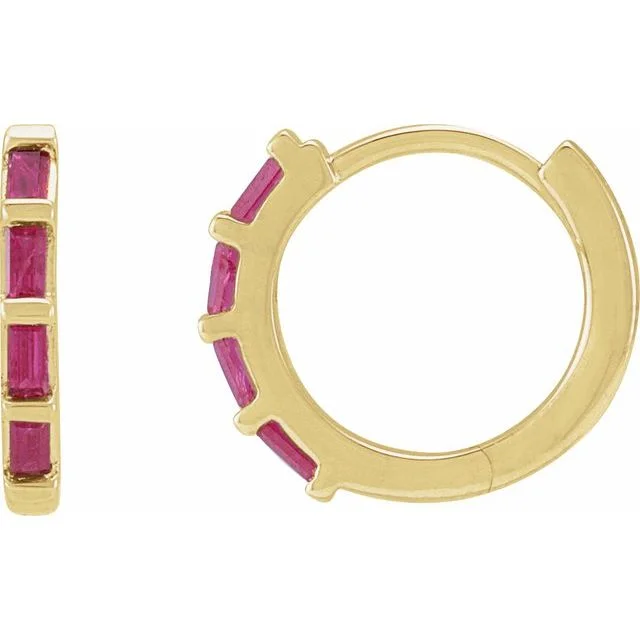 Emerald stud earrings-14k Gold Natural Stone Huggie Hoop Earrings - Diamond, Ruby or Sapphire