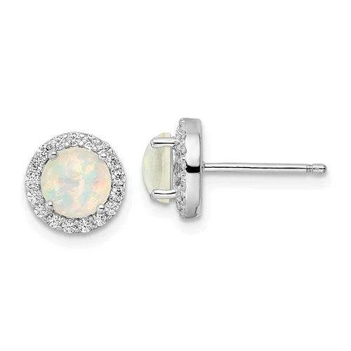 Broad hoop earrings-Sterling Silver Round White Created Opal And CZ Halo Post Earrings