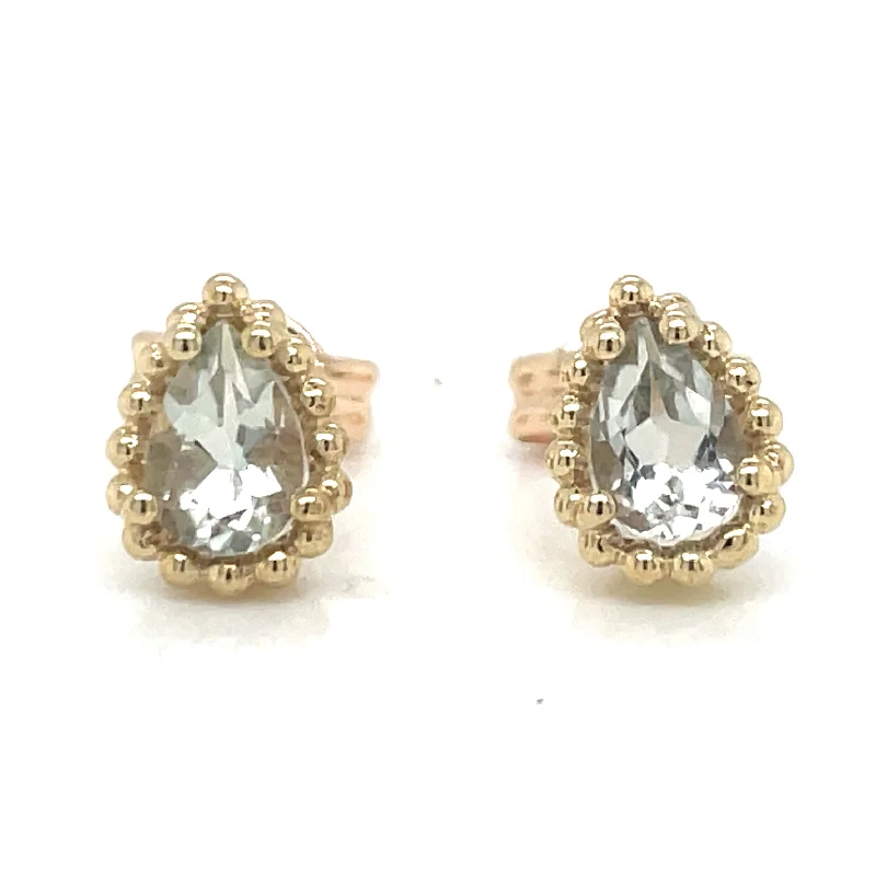 Clear pearl earrings-9ct Yellow Gold Pear Cut Green Amethyst Earrings with Dotted Edge