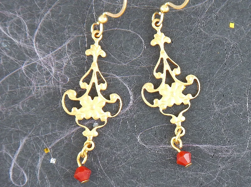 Long earrings with delicate vintage brass baroque filigrees, flower pattern, Swarovski crystals (6 colours available), gold-toned stainless steel hooks